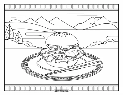 Fargeleggingsark med burger for voksne: En japansk bento-burger på en dekorativ tallerken med spisepinner og kunstneriske garnityr