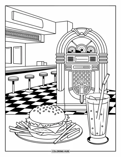 Fargeleggingsark med burger for voksne: En retro spisested med en jukeboks og en deilig burger på en tallerken skaper en nostalgisk stemning