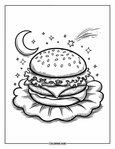Fargeleggingsark med burger for voksne: En søvnig burger hviler på en salatbladsky, omgitt av stjerner og et stjerneskudd