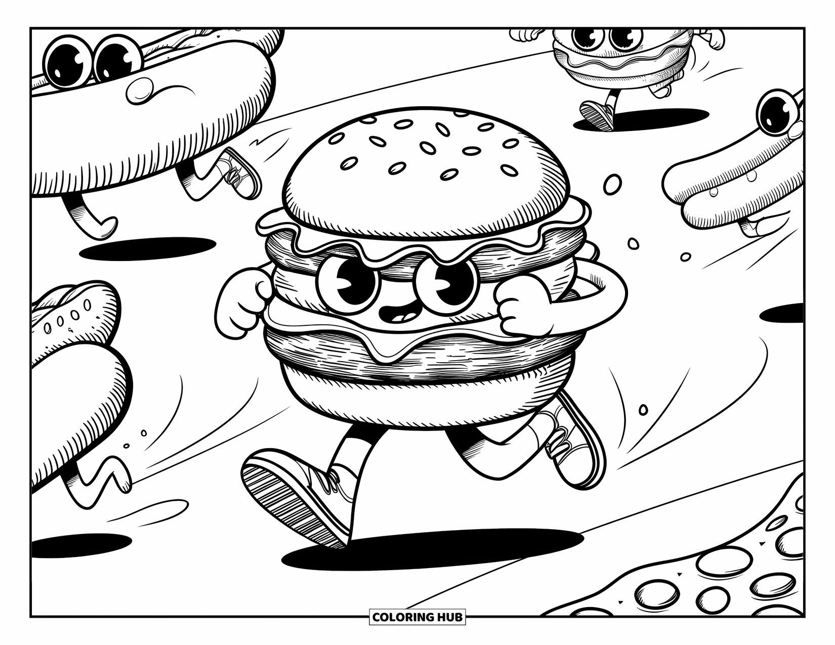 Burger Coloring Page for Adults: A speedy burger runs toward the finish line with a racing hot dog and pizza slice