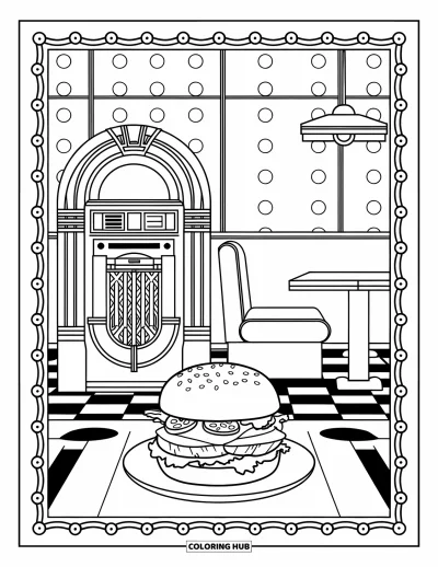 Fargeleggingsark med burger for voksne: En vintage restaurantscene med en klassisk burger, jukeboks og et rutete gulvmønster