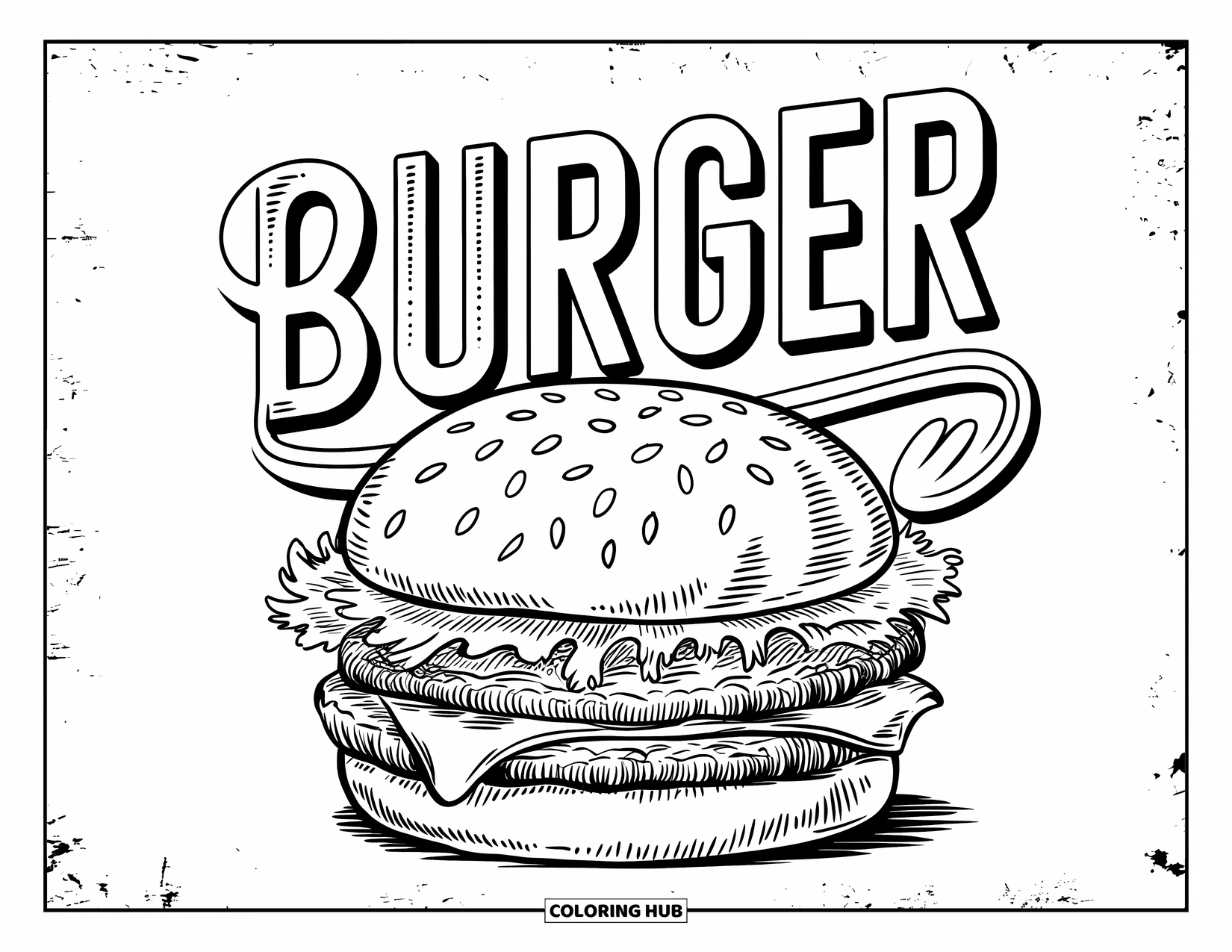 Burger Coloring Page for Adults: A vintage fast-food advertisement features a hand-drawn burger with bold artistic typography