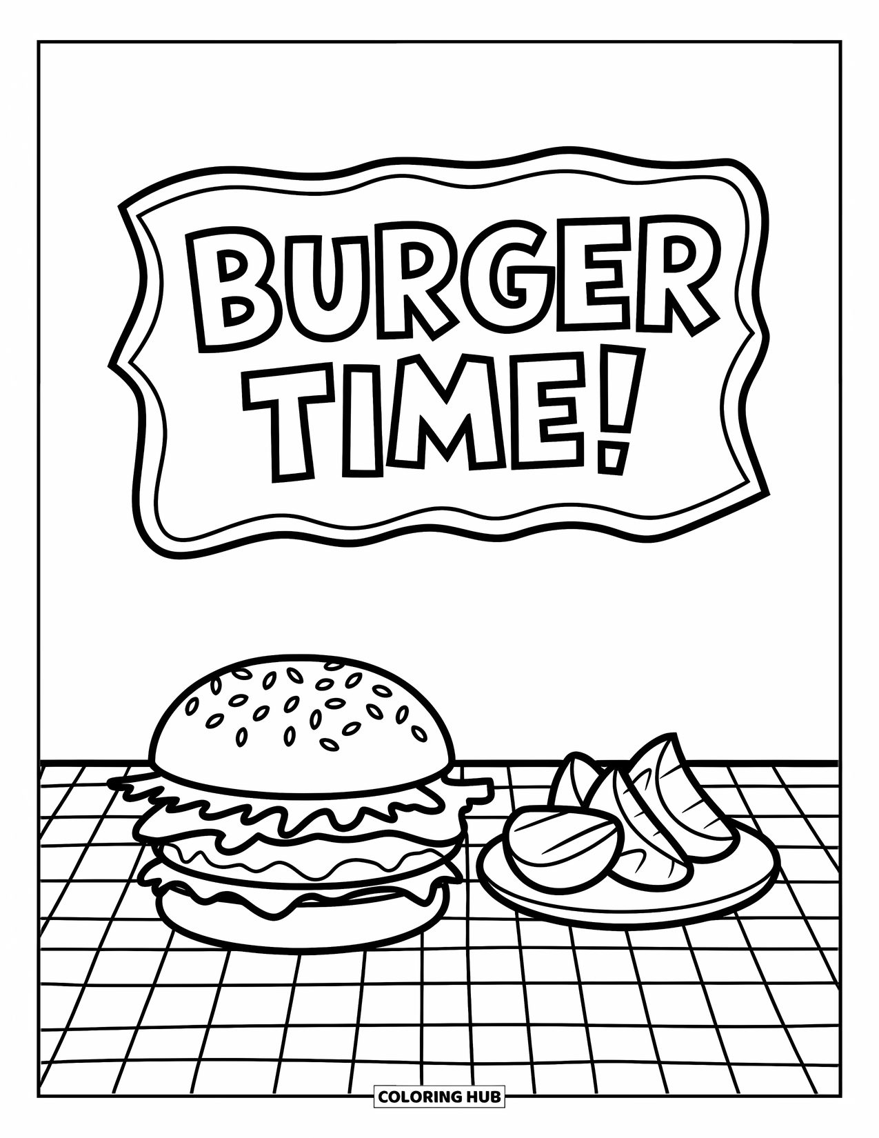 Burger Coloring Page for Kids: A burger and potato wedges resting on a checkered picnic blanket