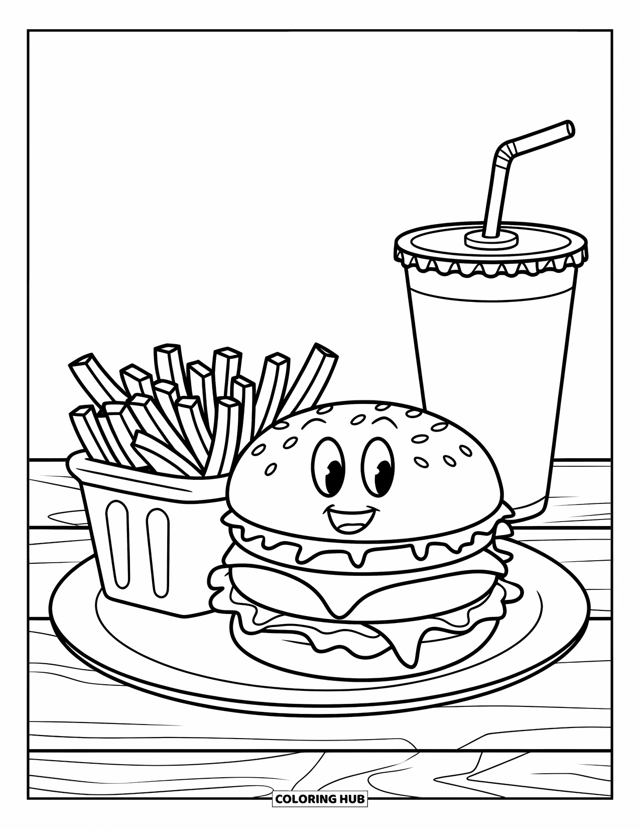 Burger Coloring Page for Kids: A cheerful cheeseburger with fries and a soda on a wooden table