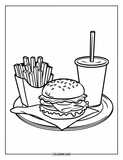 Fargeleggingsark med burger for barn: Et klassisk gatekjøkkenbrett med en burger, pommes frites og forfriskende brus