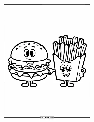 Fargeleggingsark med burger for barn: En søt burger og pommes frites-duo med glade ansikter og tydelige konturer