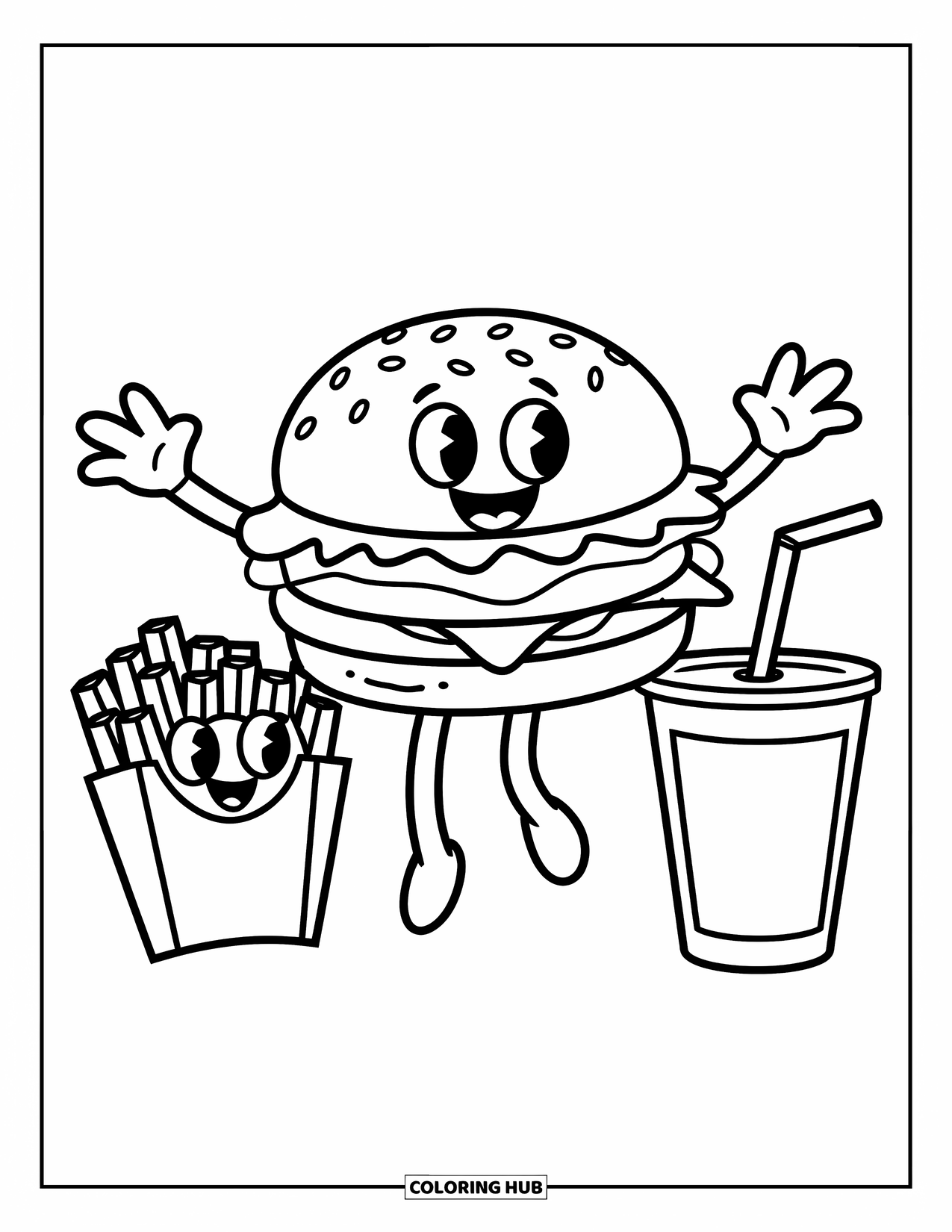 Burger Coloring Page for Kids: A cute burger with arms and legs jumping joyfully next to fries and a soda