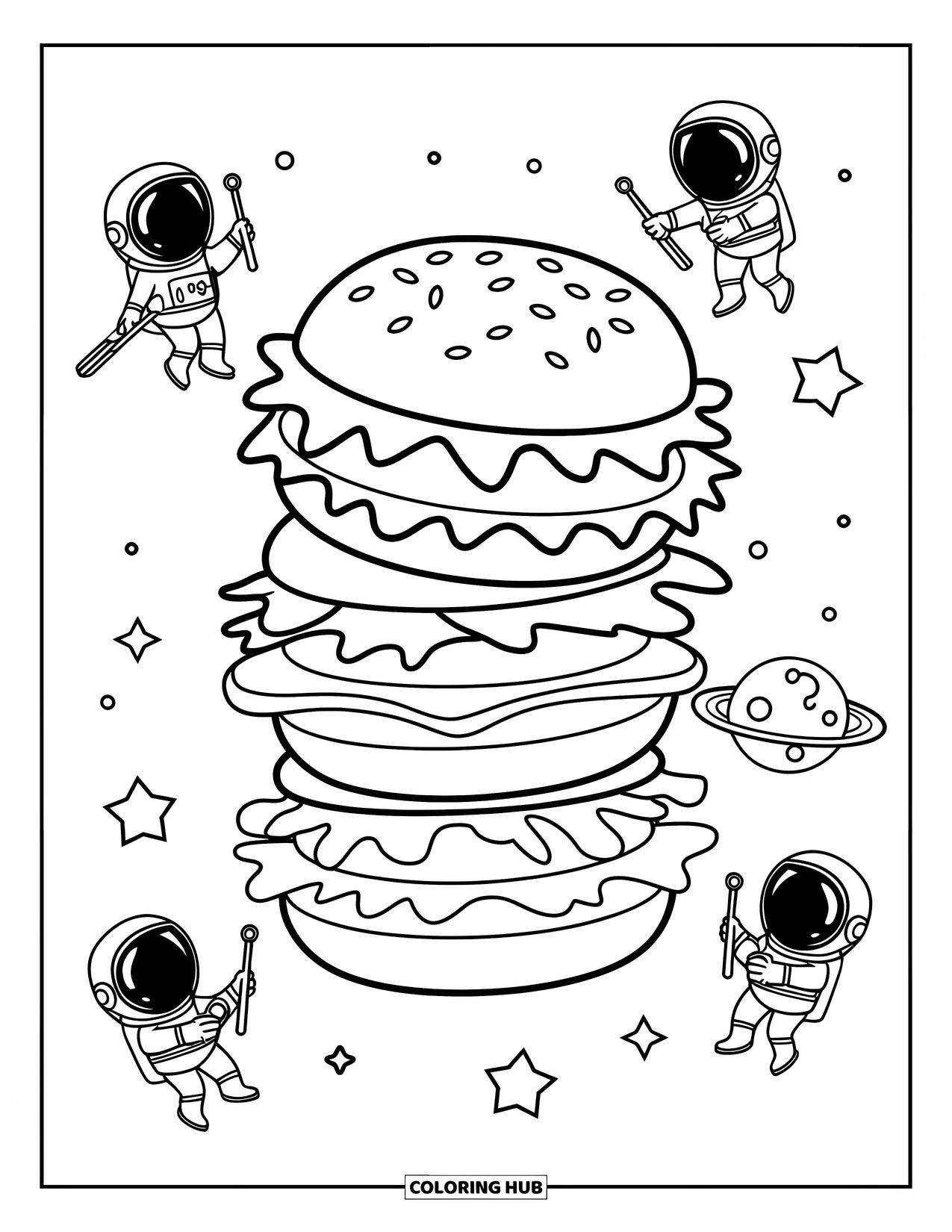 Burger Coloring Page for Kids: A delicious burger tower drifting in outer space with curious astronauts