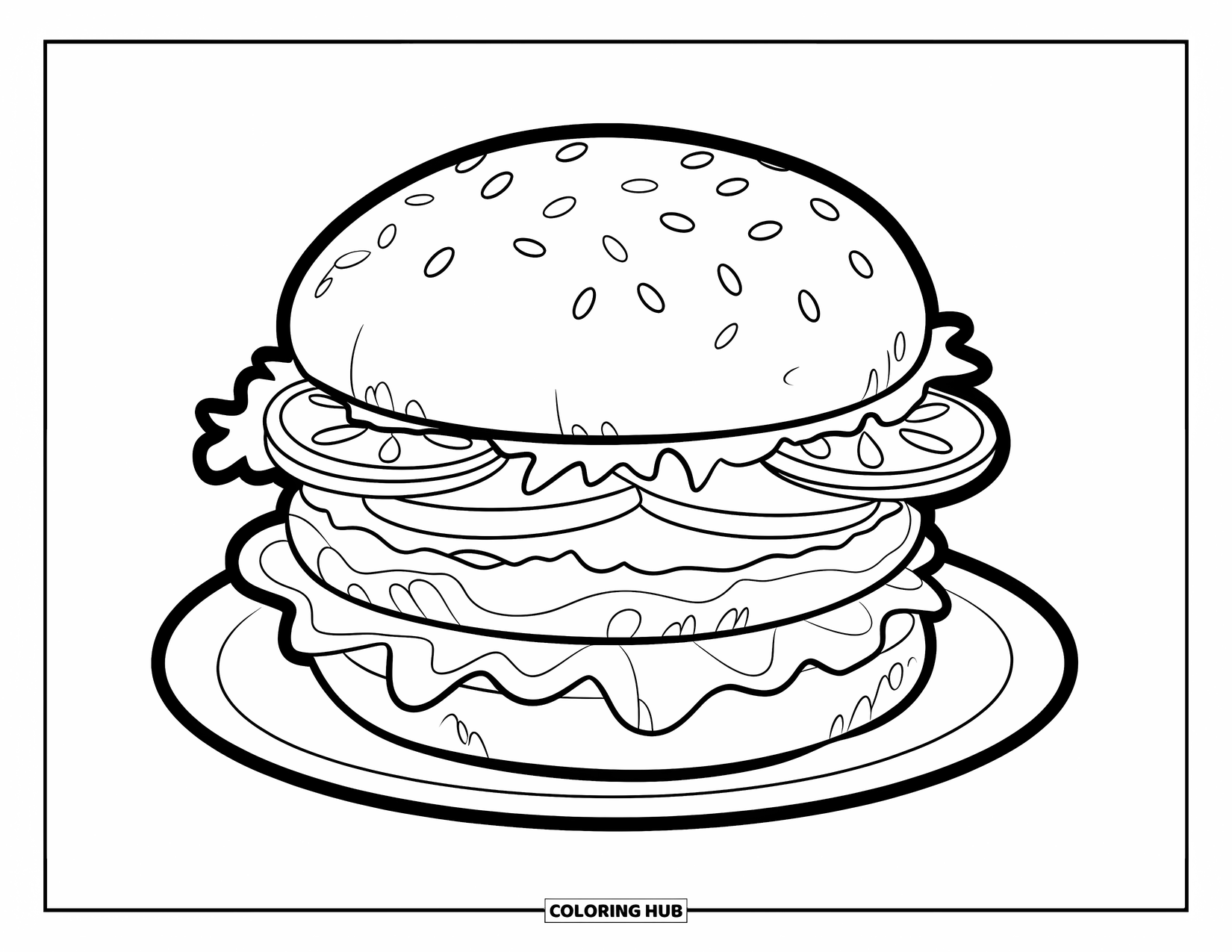 Burger Coloring Page for Kids: A delicious thick burger with fresh lettuce, tomatoes, and gooey cheese