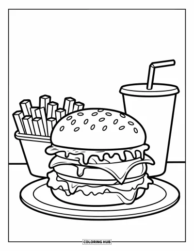 Fargeleggingsark med burger for barn: En dobbel cheeseburger med smilefjes, pommes frites og et glass brus