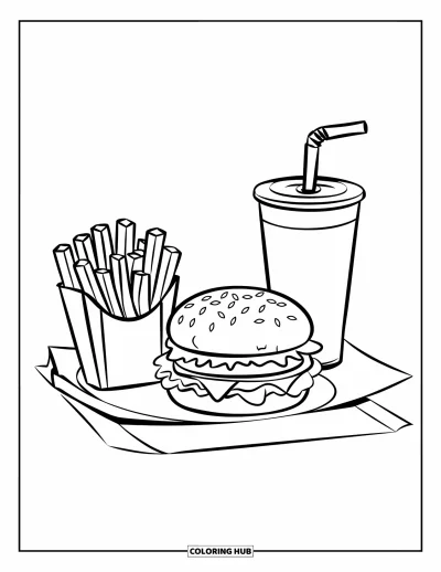 Fargeleggingsark med burger for barn: Et gatekjøkkenbrett med en saftig burger, sprø pommes frites og en brus