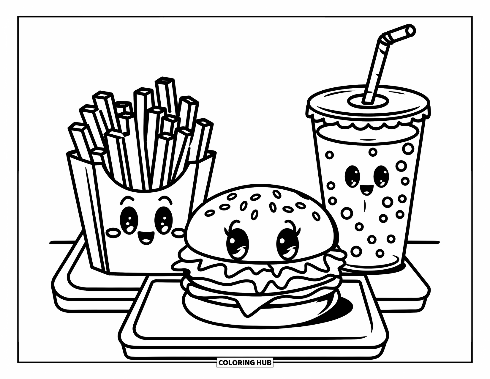 Burger Coloring Page for Kids: A fast-food tray with a cute burger, smiling fries, and a bubbly soda