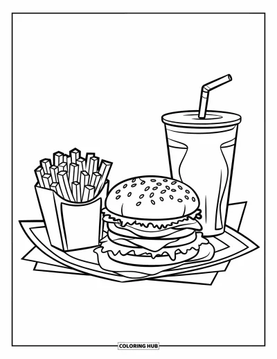 Fargeleggingsark med burger for barn: Et gatekjøkkenbrett med en stor burger, gylne pommes frites og en brusboble