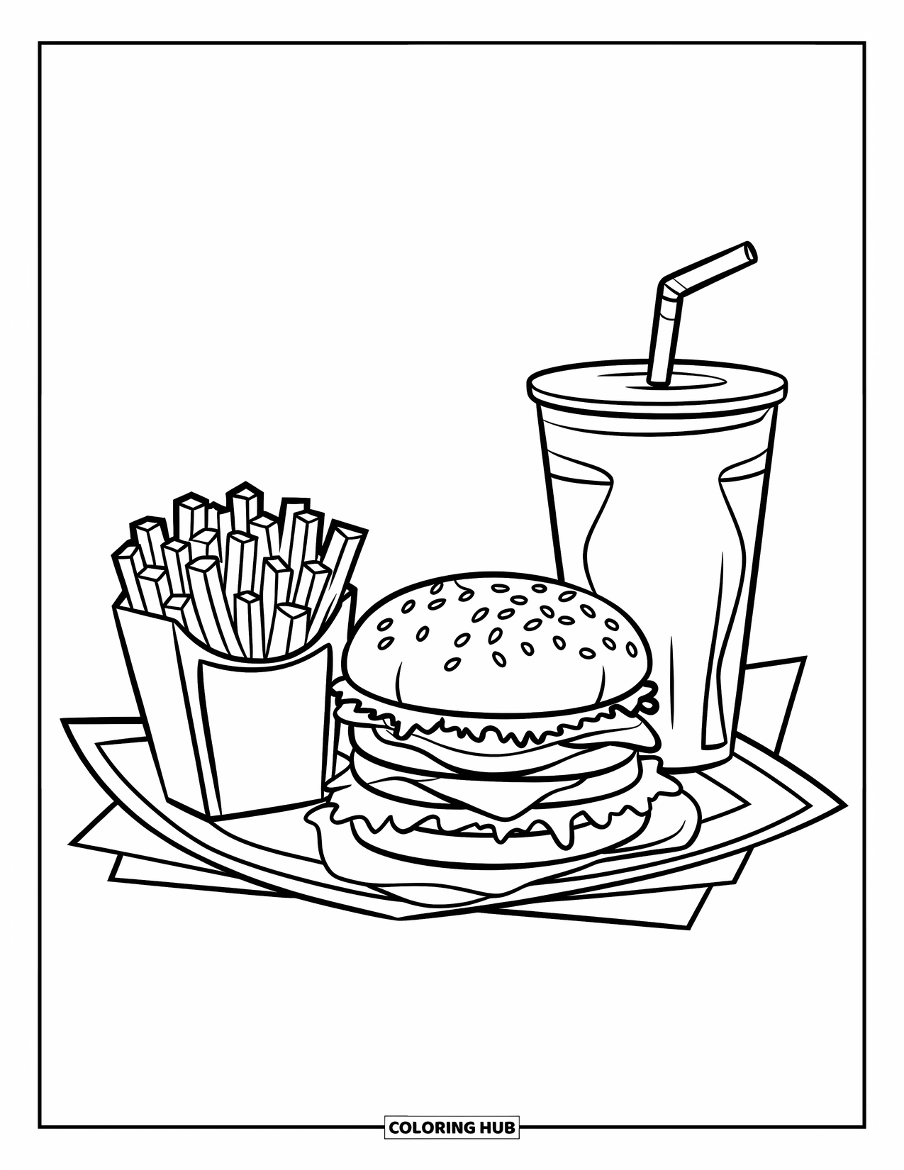 Burger Coloring Page for Kids: A fast-food tray with a large burger, golden fries, and a fizzy drink