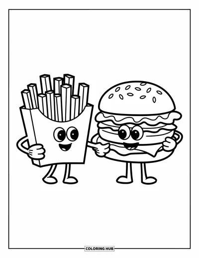 Fargeleggingsark med burger for barn: En vennlig burger og en pommes frites-eske som håndhilser med brede smil
