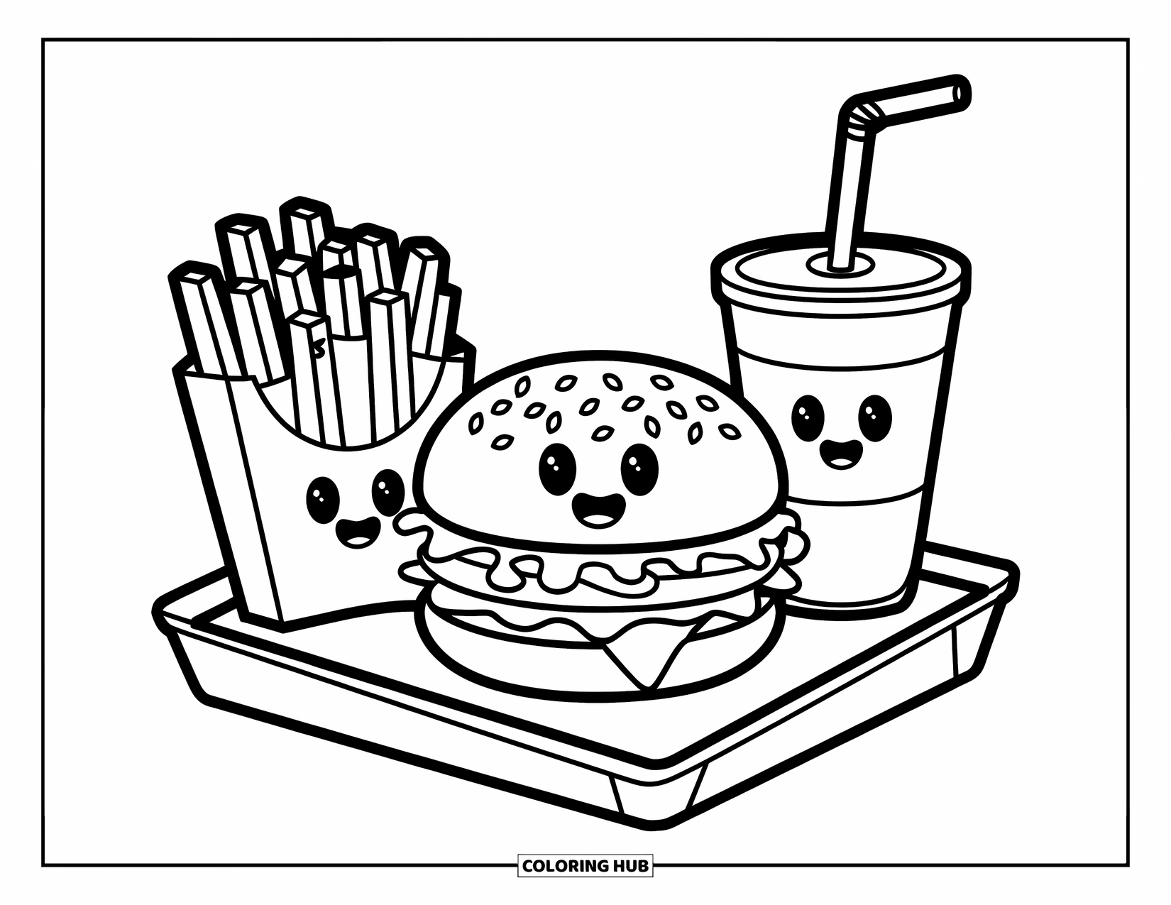 Burger Coloring Page for Kids: A fun fast-food meal with smiling fries, a happy burger, and a bubbly soda
