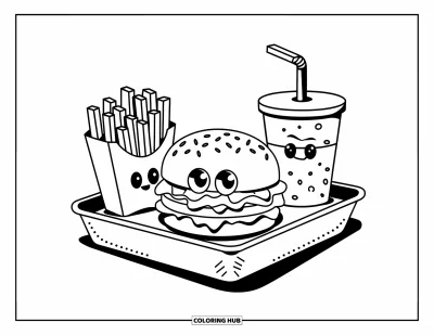 Fargeleggingsark med burger for barn: En glad burger, blide pommes frites og et smilende brusglass på et brett