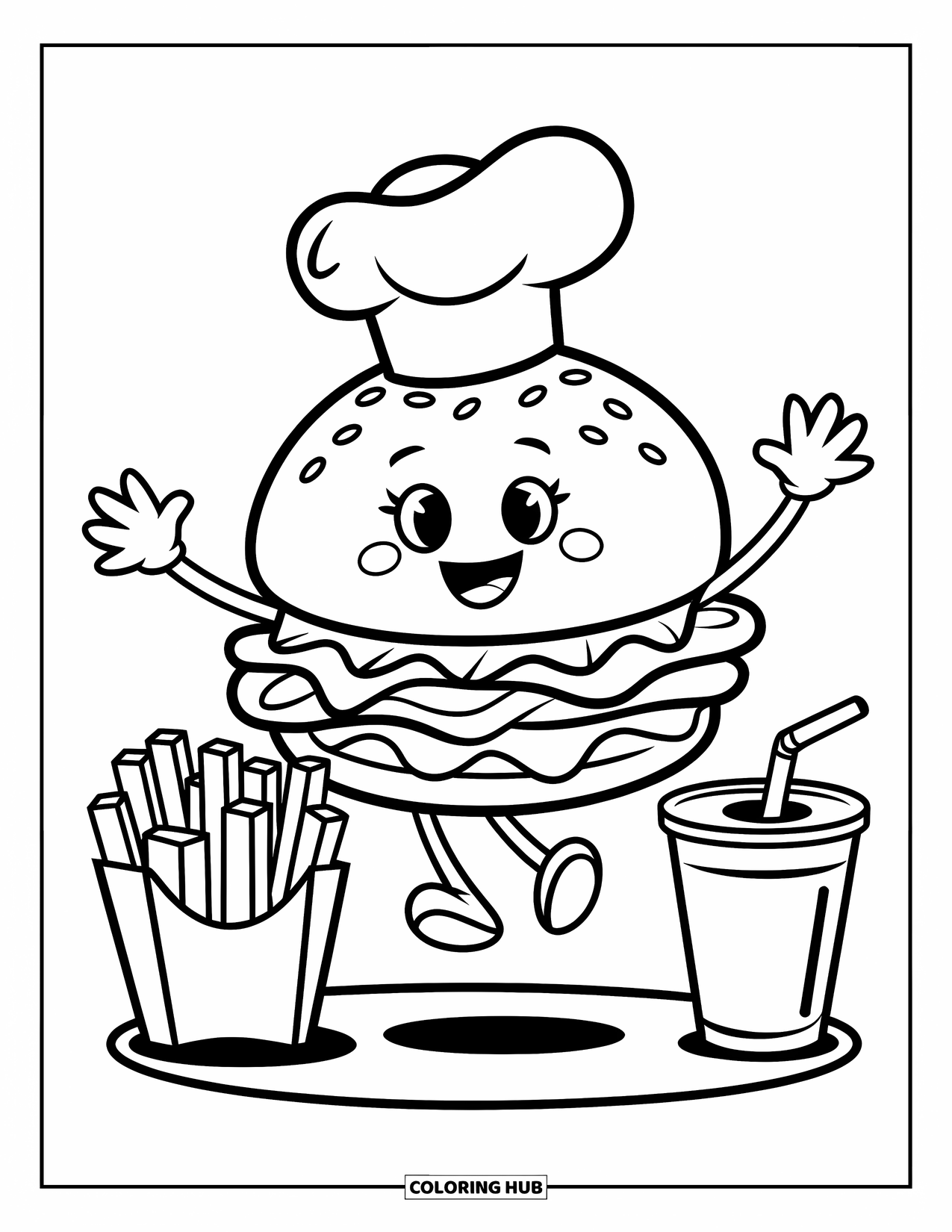 Burger Coloring Page for Kids: A happy burger with fries and soda, ready for a fun meal