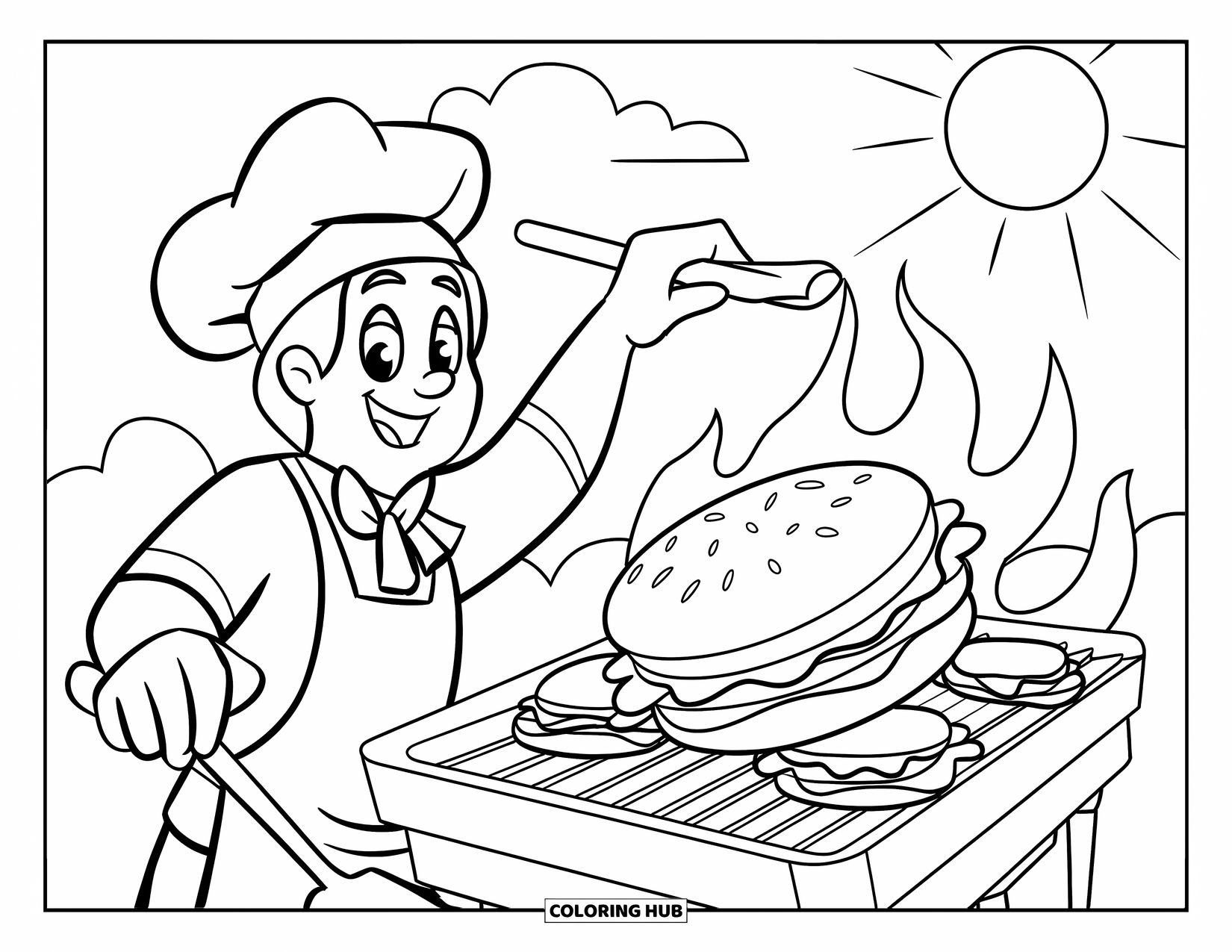 Burger Coloring Page for Kids: A joyful burger chef cooking up tasty patties on a sunny day