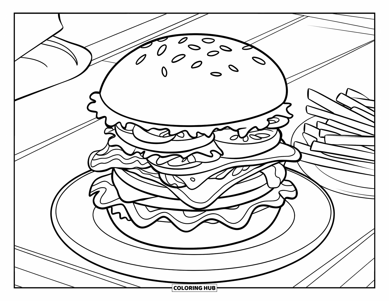 Burger Coloring Page for Kids: A massive burger with gooey cheese, crisp lettuce, and a side of fries