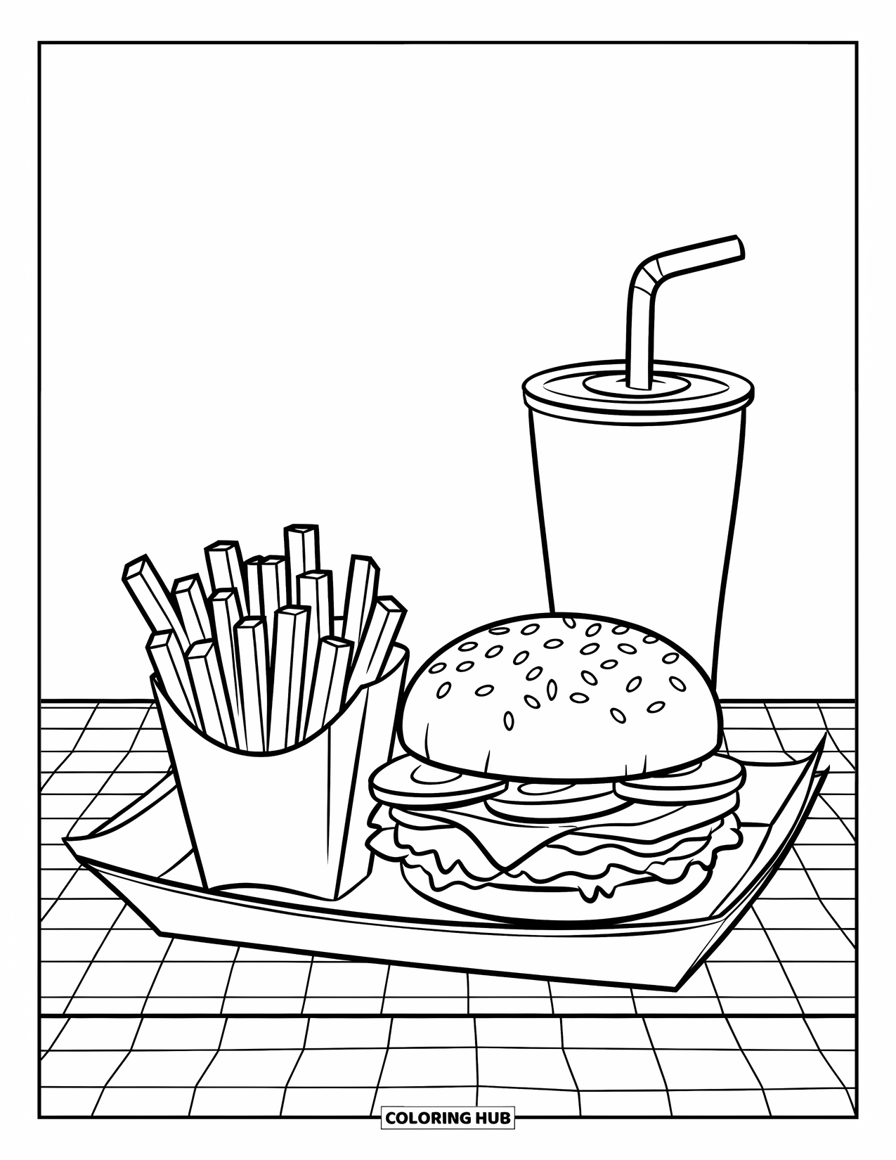 Burger Coloring Page for Kids: A meal tray with a juicy burger, crispy fries, and a tall soda cup