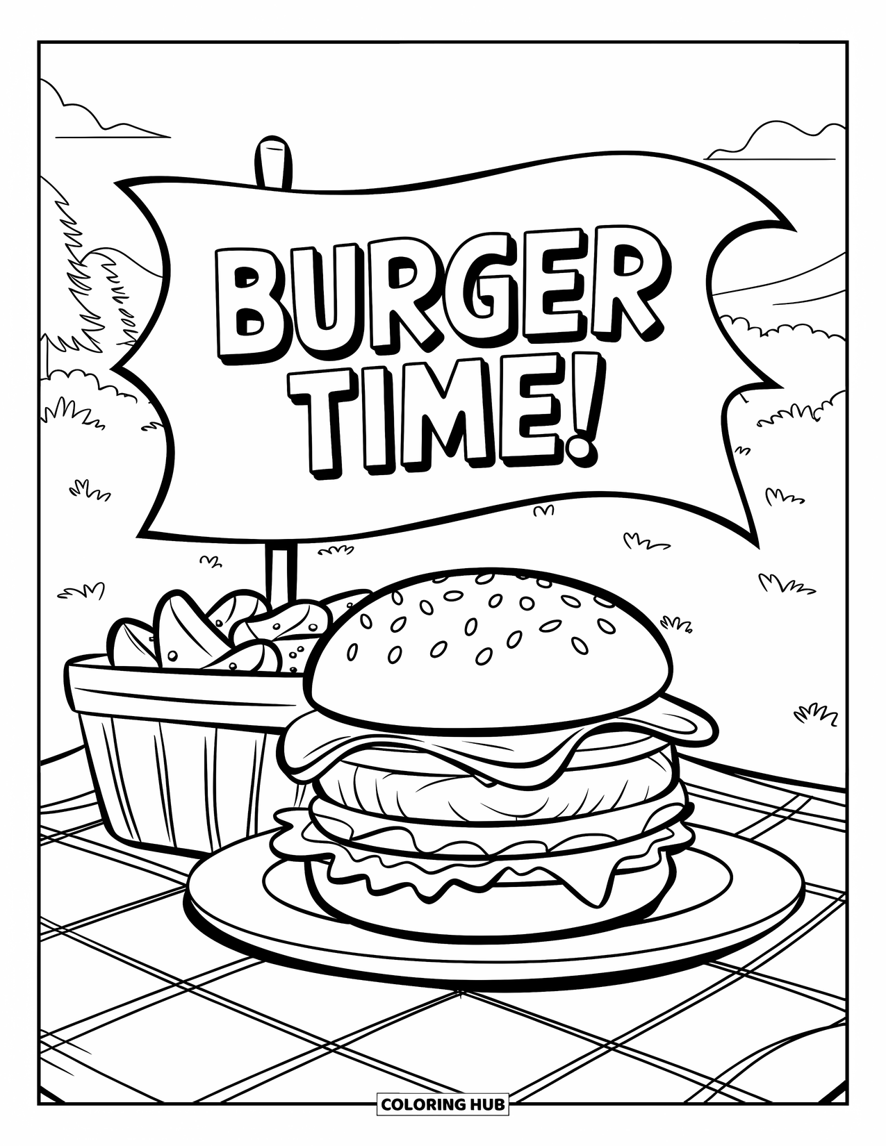 Burger Coloring Page for Kids: A picnic-themed burger scene with a fun "Burger Time!" banner