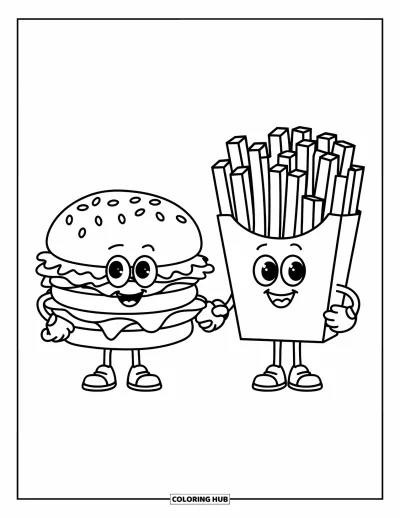 Fargeleggingsark med burger for barn: En smilende burger og en glad pommes frites-eske som gir hverandre hånden