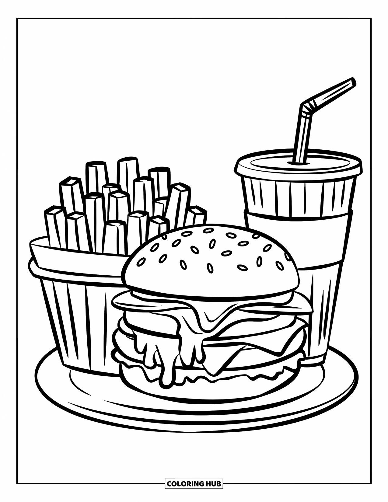 Burger Coloring Page for Kids: A smiling burger with melted cheese, crispy fries, and a soda