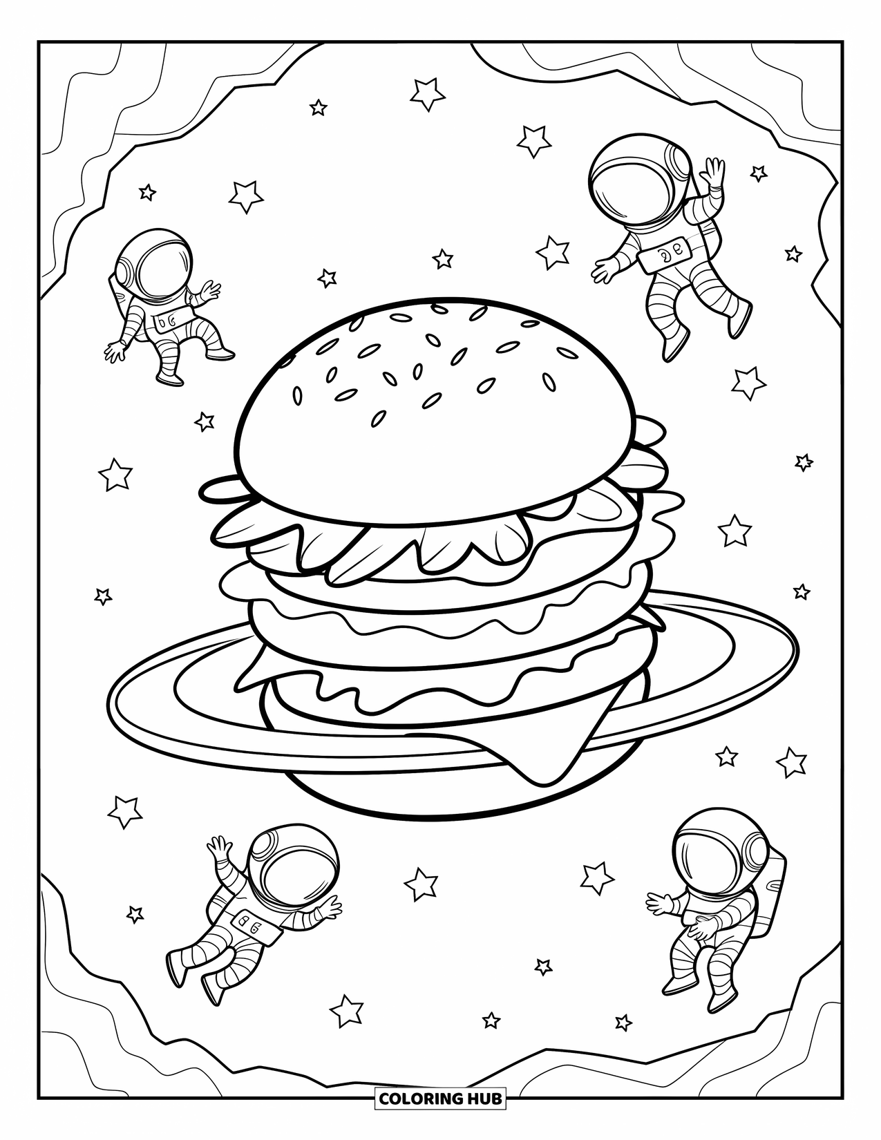 Burger Coloring Page for Kids: A space-themed burger stack surrounded by floating astronauts