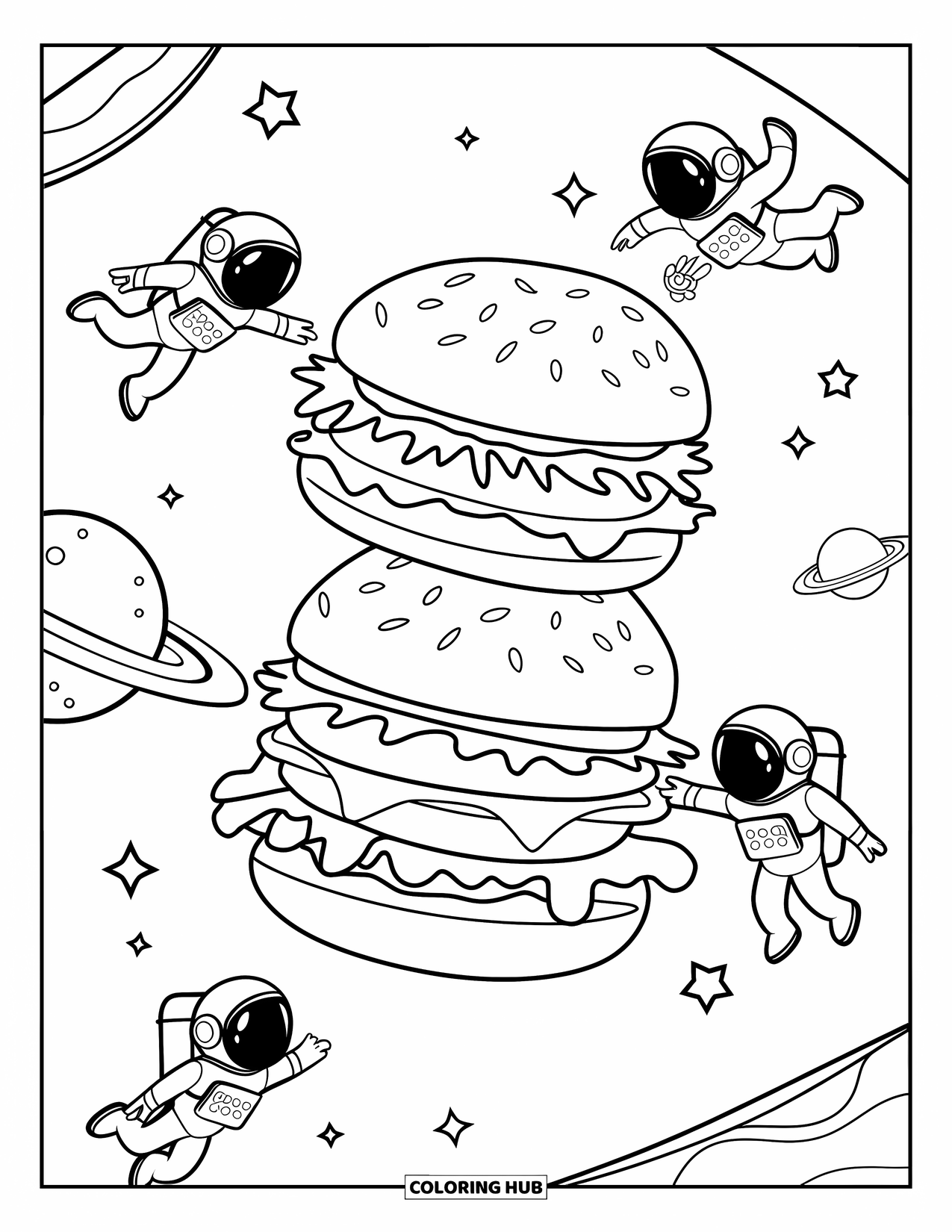Burger Coloring Page for Kids: A stack of burgers floating in space with tiny astronauts trying to grab them