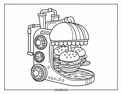 Fargeleggingsark med burger for barn: En steampunk-maskin som serverer varme og friske burgere