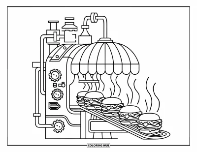 Fargeleggingsark med burger for barn: En steampunk-inspirert maskin med tannhjul og rør som lager perfekte burgere
