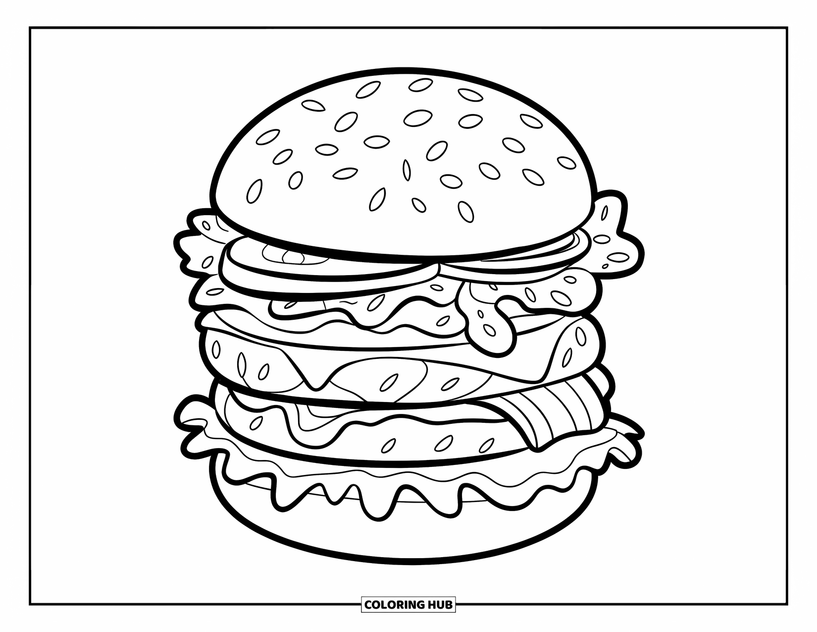 Burger Coloring Page for Kids: A super-stacked burger with layers of cheese, tomato, lettuce, and bacon