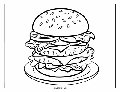 Fargeleggingsark med burger for barn: En høy burger med bølgete detaljer og deilige lag med ingredienser
