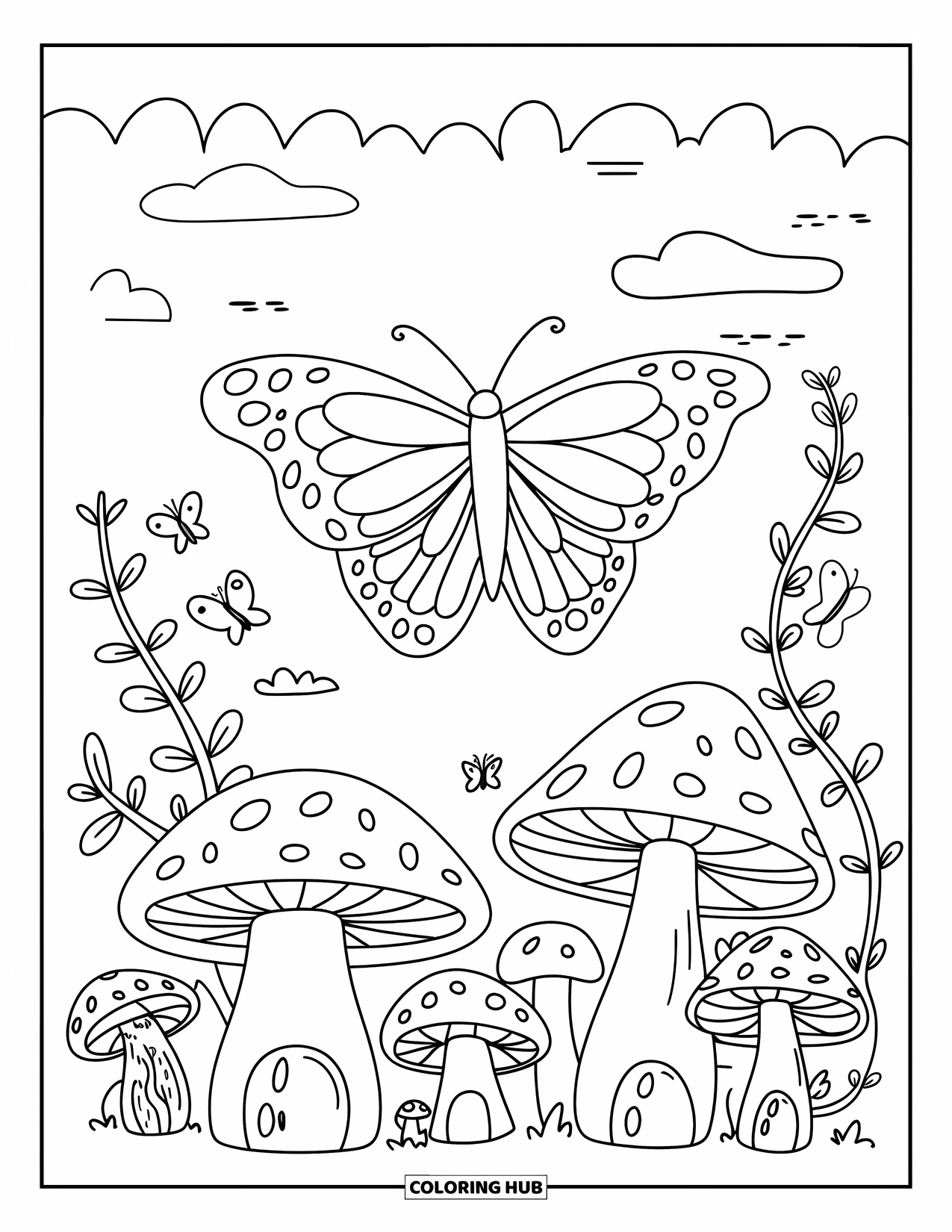 Desenho de Borboleta para Colorir para Adultos: Uma borboleta voando acima de uma vila de cogumelos com pequenas borboletas, nuvens e videiras delicadas