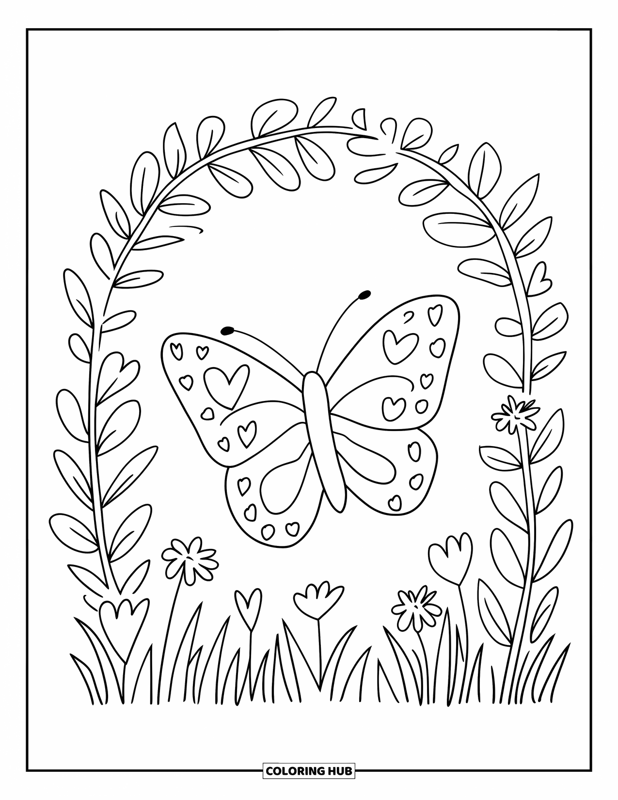 Desenho de Borboleta para Colorir para Adultos: Uma borboleta voando através de um arco de folhas e flores com asas em forma de coração