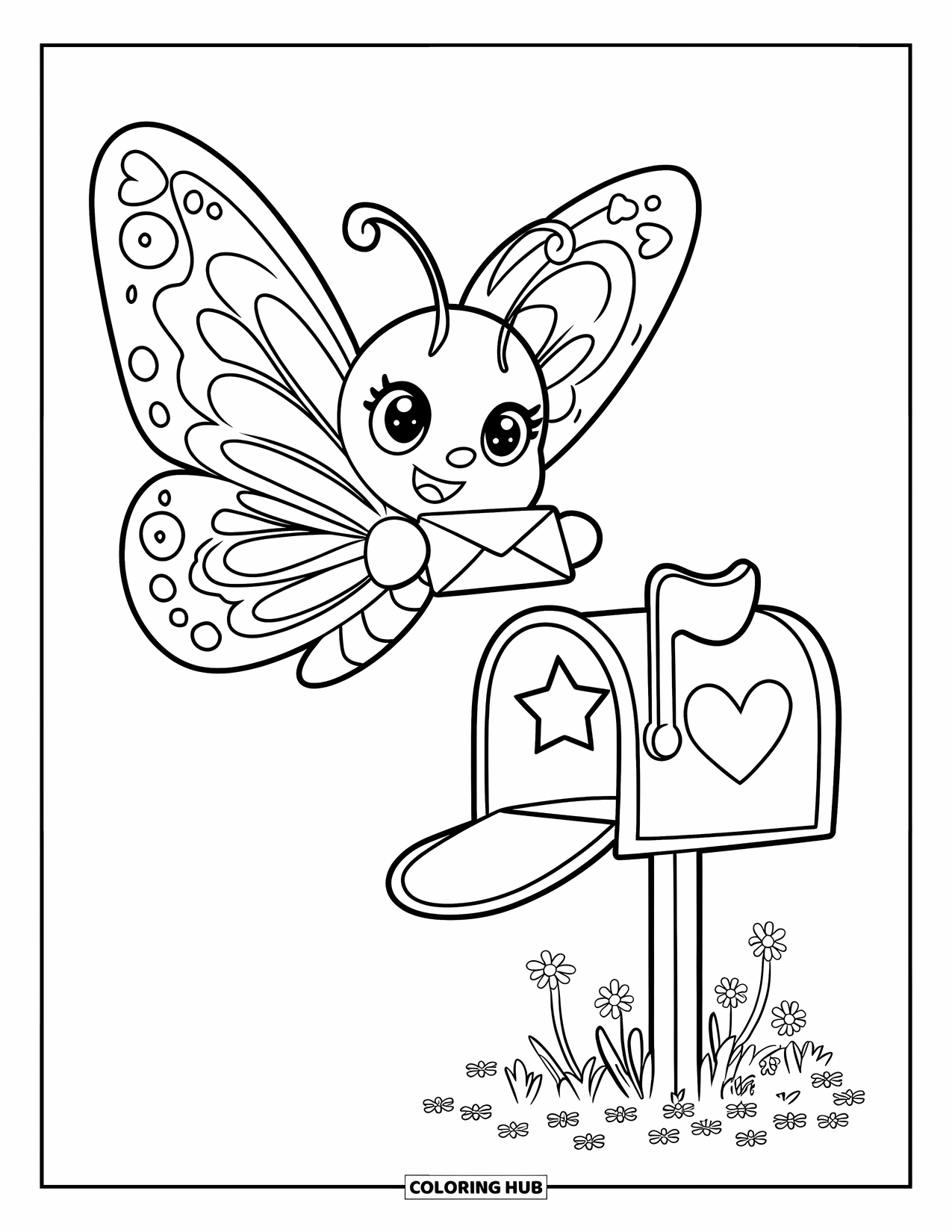 Desenho de Borboleta para Colorir para Adultos: Uma borboleta segurando uma carta voando sobre uma caixa de correio decorada com corações, cercada por flores