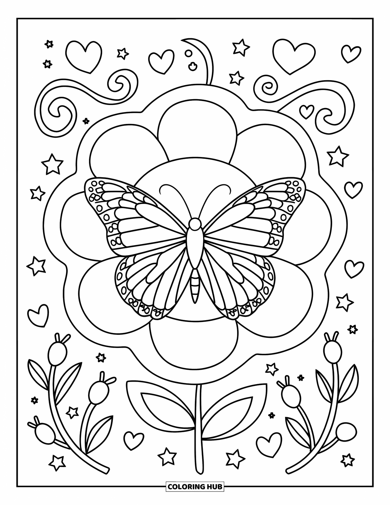 Desenho de Borboleta para Colorir para Adultos: Uma borboleta dentro de uma moldura de flores, com estrelas, corações e vinhas preenchendo o fundo