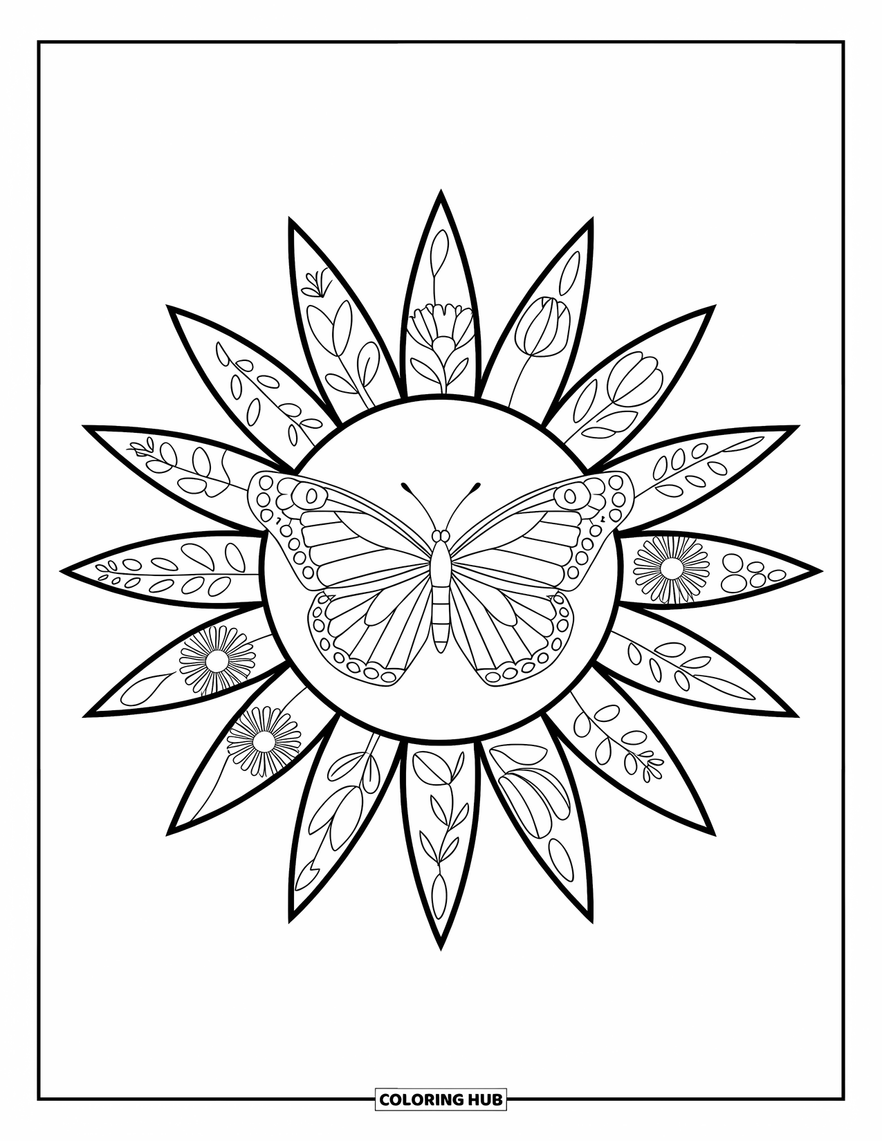 Desenho de Borboleta para Colorir para Adultos: Uma borboleta dentro de um padrão de raio de sol, com raios florais e contornos marcantes