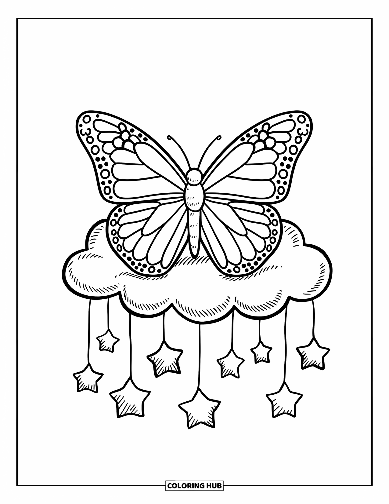 Desenho de Borboleta para Colorir para Adultos: Uma borboleta em uma nuvem, com estrelas penduradas criando uma cena flutuante fantasiosa