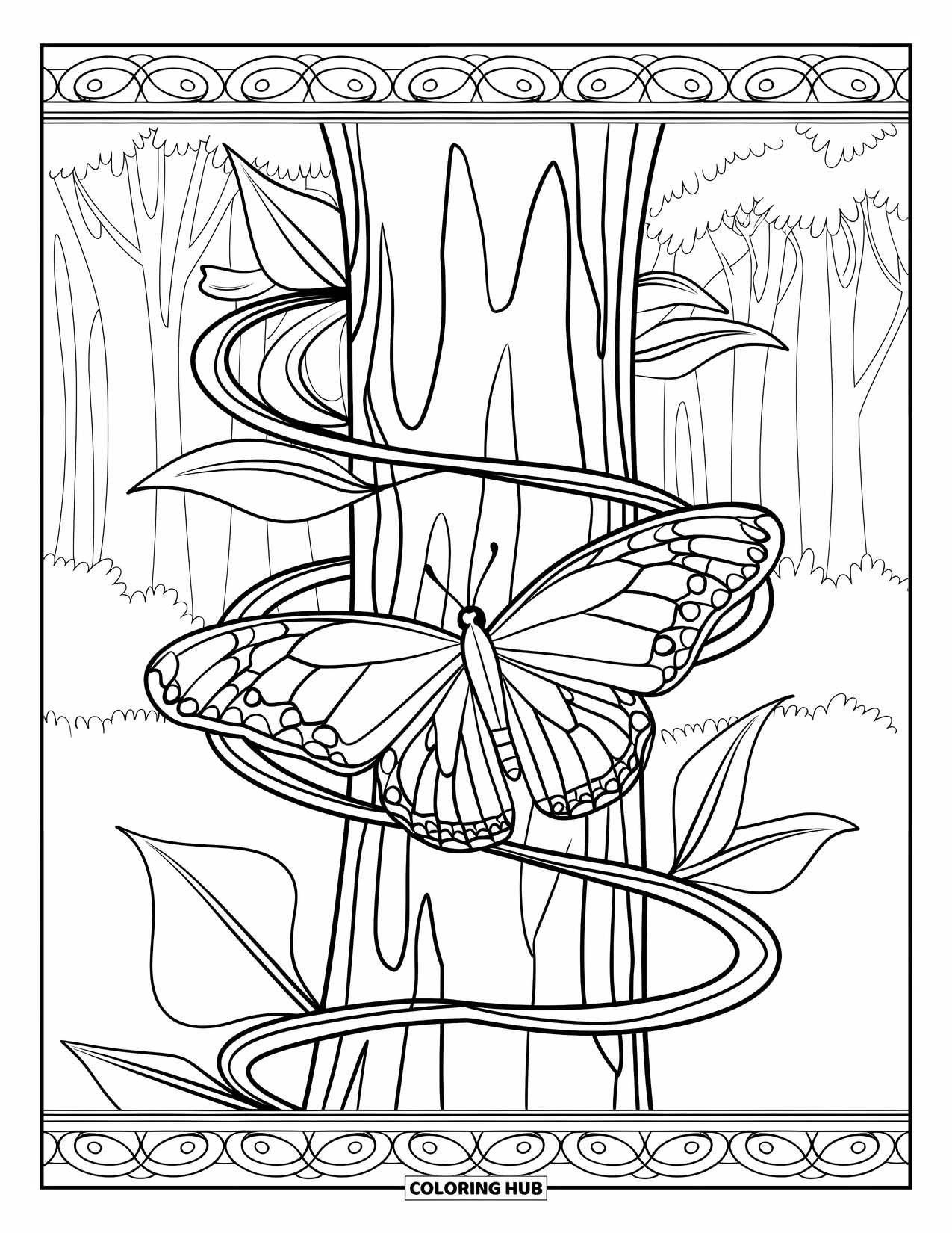 Desenho de Borboleta para Colorir para Adultos: Uma borboleta em uma vinha sinuosa enrolada em um tronco de árvore, cercada por árvores em uma floresta
