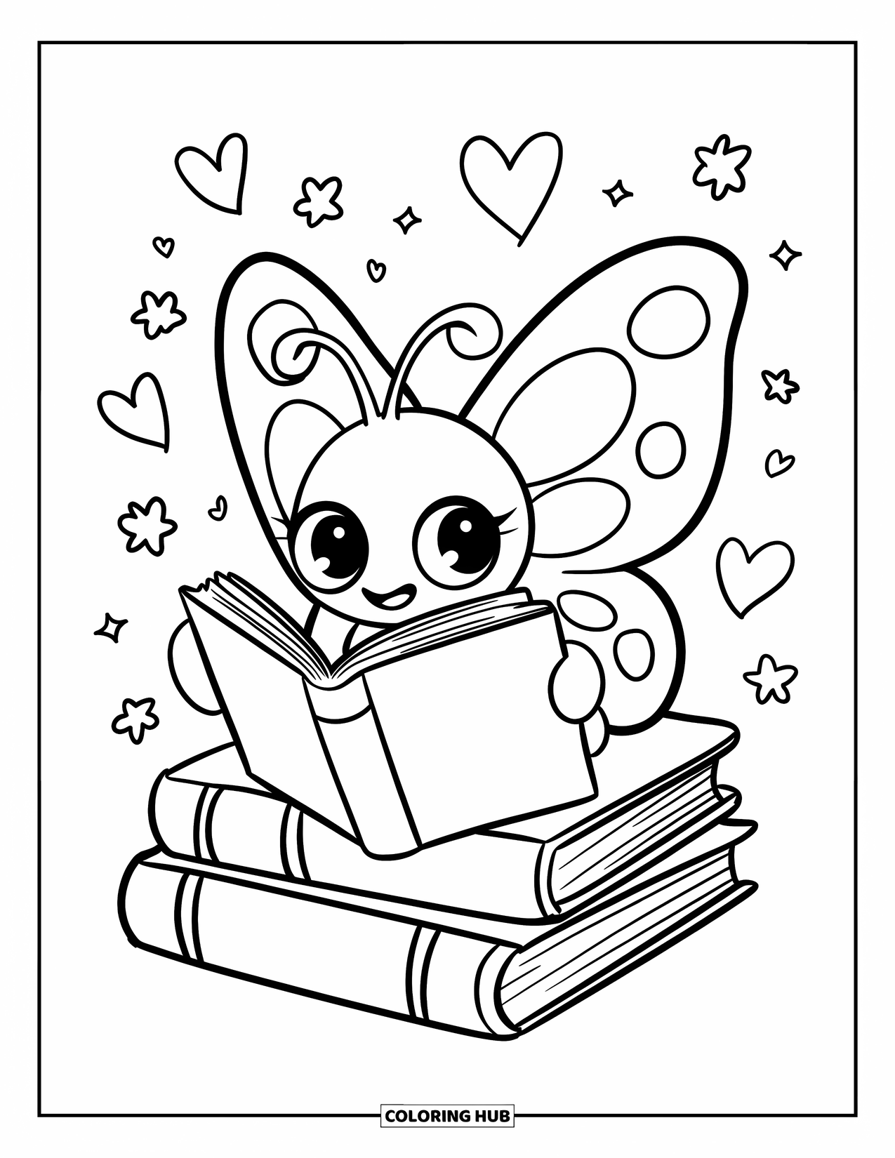 Desenho de Borboleta para Colorir para Adultos: Uma borboleta lendo um livro em uma pilha de livros, com corações, estrelas e flores ao redor