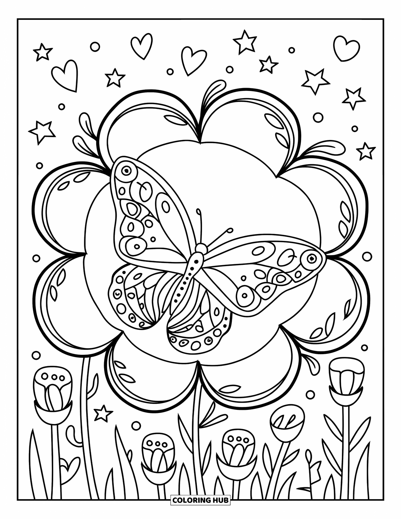 Desenho de Borboleta para Colorir para Adultos: Uma borboleta descansando em uma moldura de flores com vinhas, estrelas e corações ao fundo