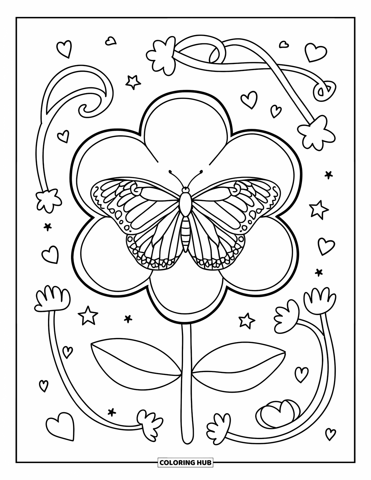 Desenho de Borboleta para Colorir para Adultos: Uma borboleta descansando dentro de uma moldura de flores, com vinhas rodopiantes e estrelas ao fundo