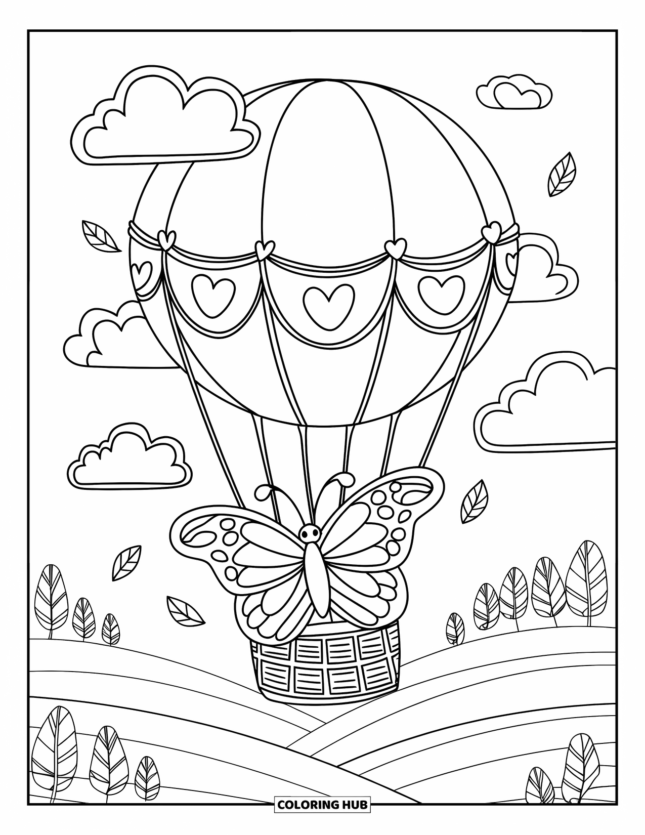 Desenho de Borboleta para Colorir para Adultos: Uma borboleta descansando em um balão com padrão de coração, com nuvens e uma paisagem serena