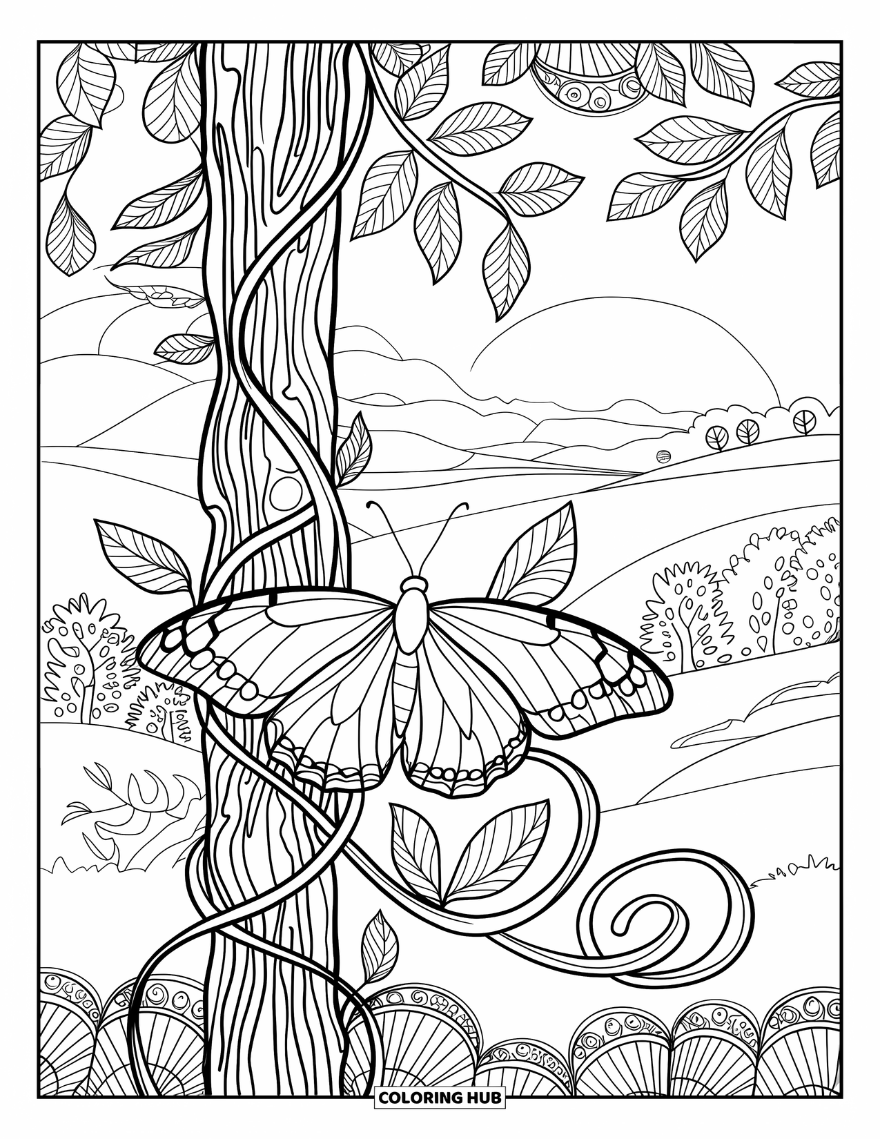 Desenho de Borboleta para Colorir para Adultos: Uma borboleta descansando em uma vinha sinuosa entrelaçada em um poste, em um cenário de paisagem serena