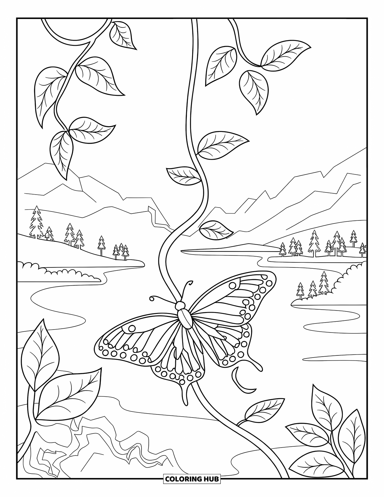 Desenho de Borboleta para Colorir para Adultos: Uma borboleta descansando em uma vinha sinuosa com padrões delicados e rodopiantes, em um cenário de paisagem serena