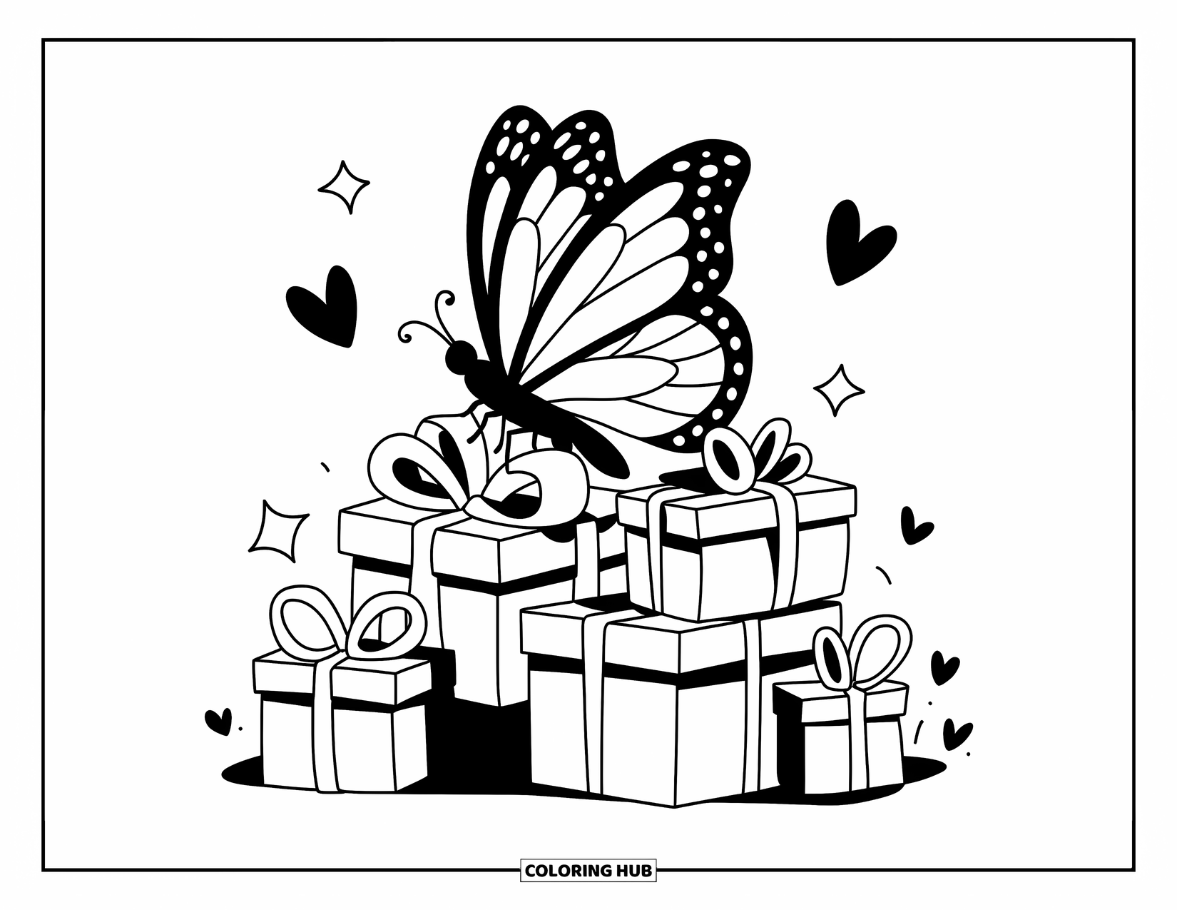 Desenho de Borboleta para Colorir para Adultos: Uma borboleta descansando em caixas de presente, com corações e estrelas em um estilo fofo e divertido