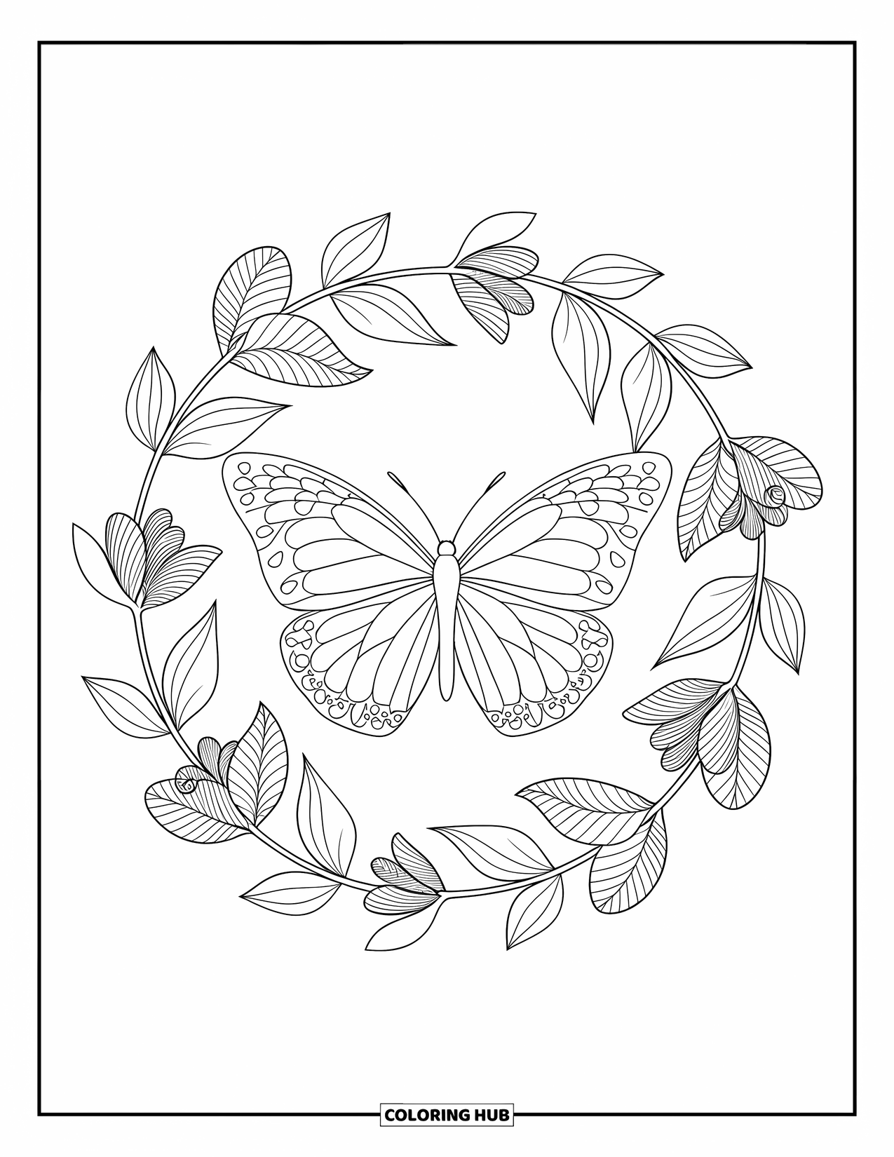 Desenho de Borboleta para Colorir para Adultos: Uma borboleta cercada por uma guirlanda circular de folhas e flores, com intrincados padrões de linha fina