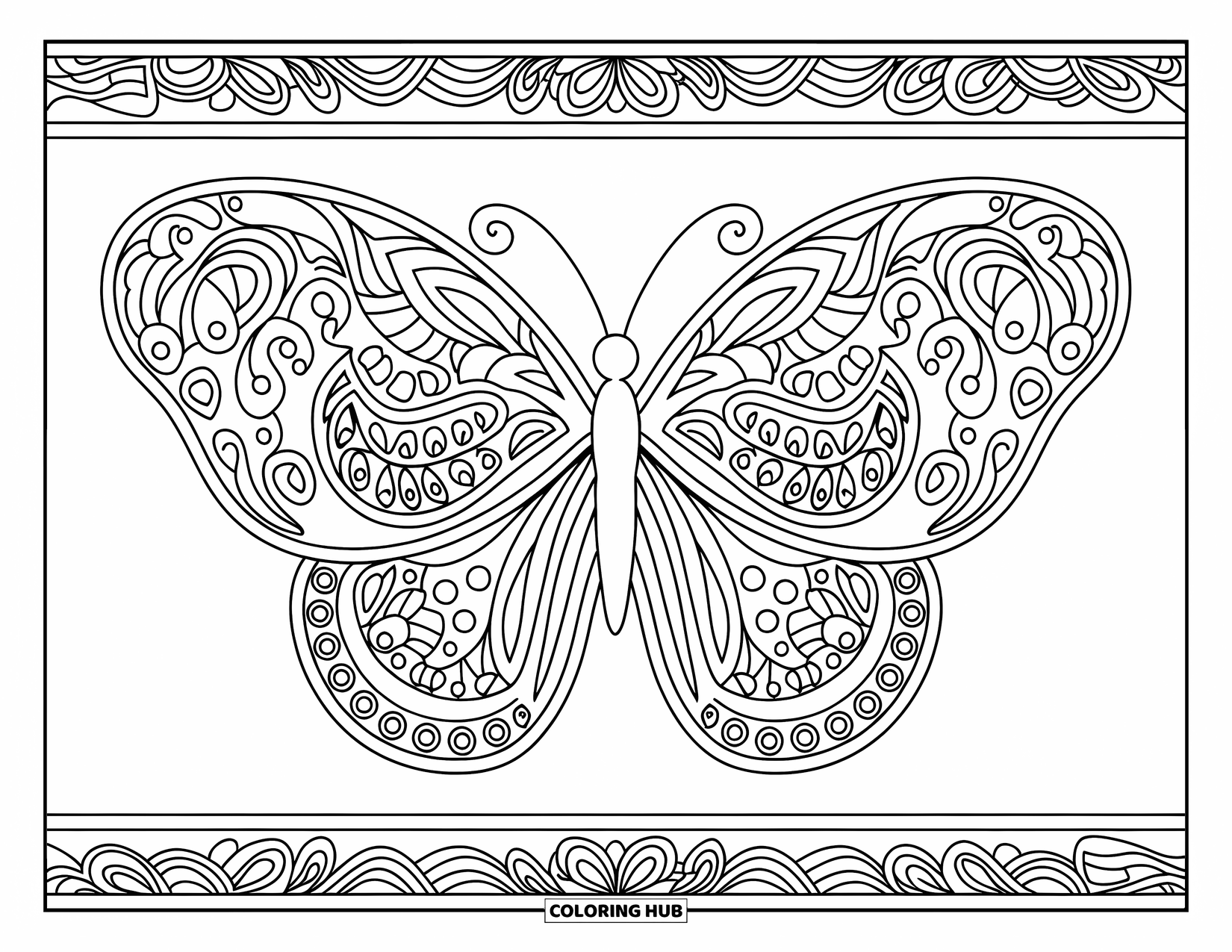 Desenho de Borboleta para Colorir para Adultos: Uma borboleta cercada por um padrão labiríntico, com asas inspiradas em paisley e mandala